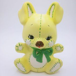 Decorative Ceramic Free Standing Rabbit Yellow Green White Design Green Bow